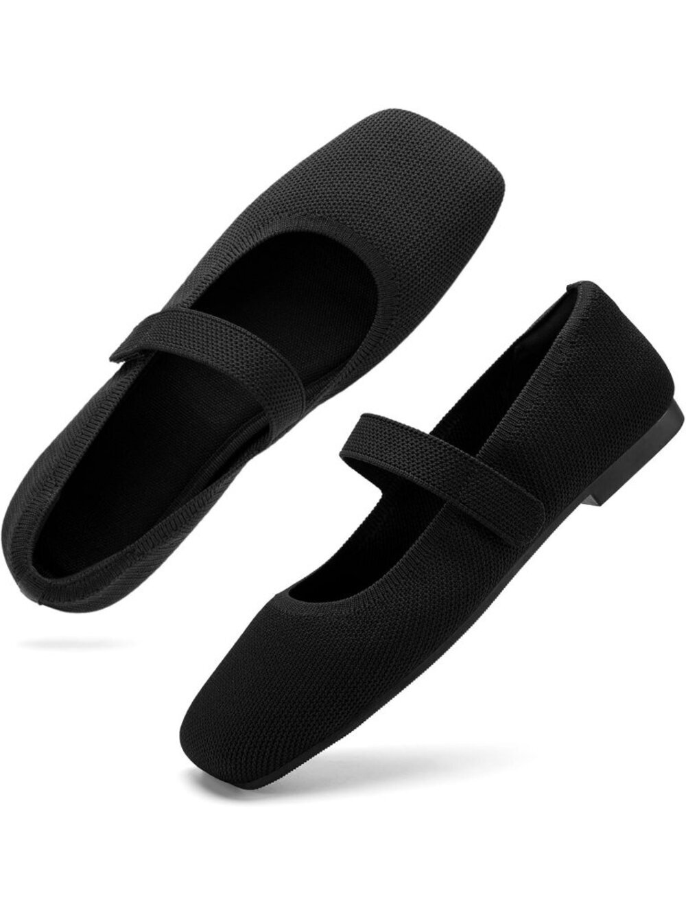 Women's Black Rubber Knit Wide Toe Adjustable Straps Flat Slip On Comfort Shoes
